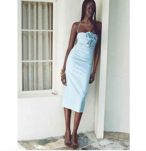 Zara FLOWERS STRAPLESS MIDI DRESS SIZE L XL BLUE - Picture 6 of 16